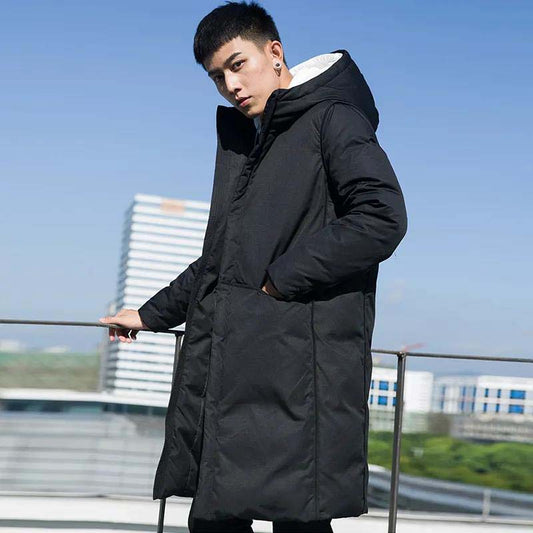 Down jacket winter men's mid-length thick hooded over-the-knee jacket daily casual warm and cold down jacket