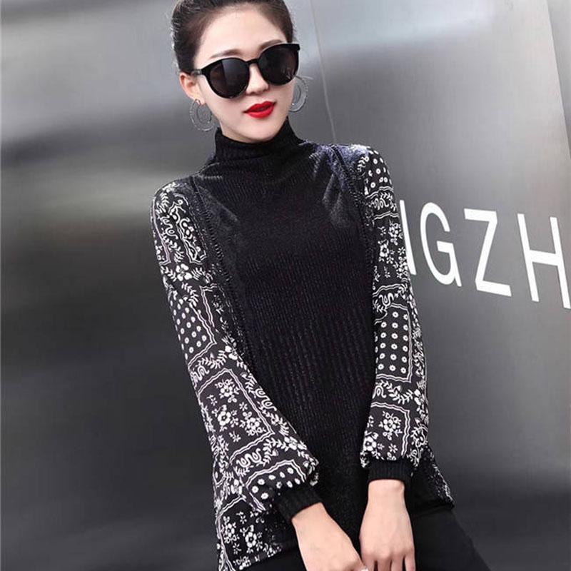 Spring Autumn Vintage Printed Sweater Women Loose Korean Knitwear Top High Neck Pullover Sweater