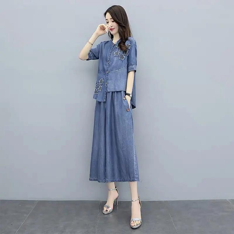 Women's Ethnic Style Denim Jacket Wide Leg Pants Two-piece Suit Chinese Style Temperament Denim Suit Embroidered Pattern Decoration