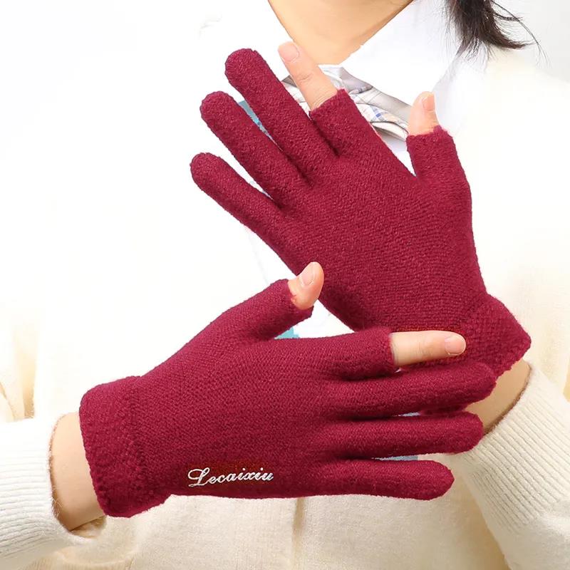 Women's Winter Touch Screen Gloves Warm Velvet Thick Half-finger Mittens Wool Non-slip Show Two-finger Office Driving Gloves Solid Knitting Gloves