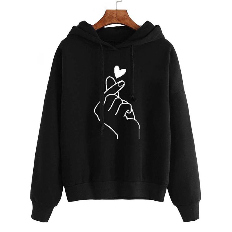 Fashionable Kpop Casual Finger Heart Love Pattern Hooded Women Hoodies Sweatshirts Drawstring Long Sleeve Female Pullovers Hoodie Women Coat