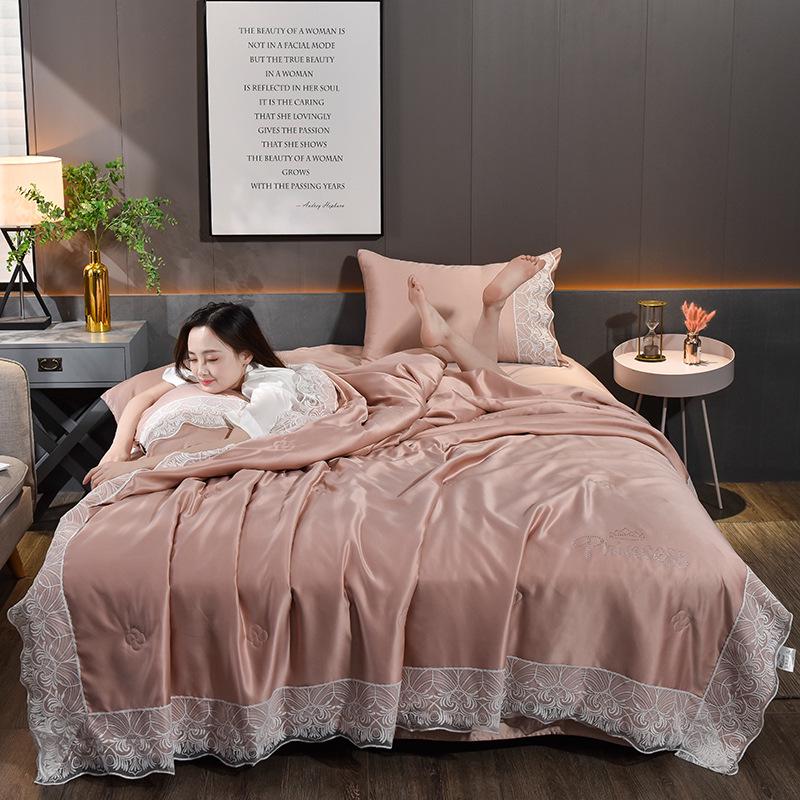 3 Pcs Set Quilt Cover Ice Silk Simulation Silk Solid Color Silk Lace Pillowcase