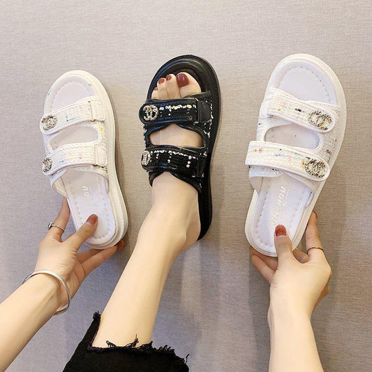 Plus Size 35-40 Women Sports Shiny Slippers Outdoor High Heels Bohemian Beach Wear-resistant Non-slip Office Lady Plat Sandals