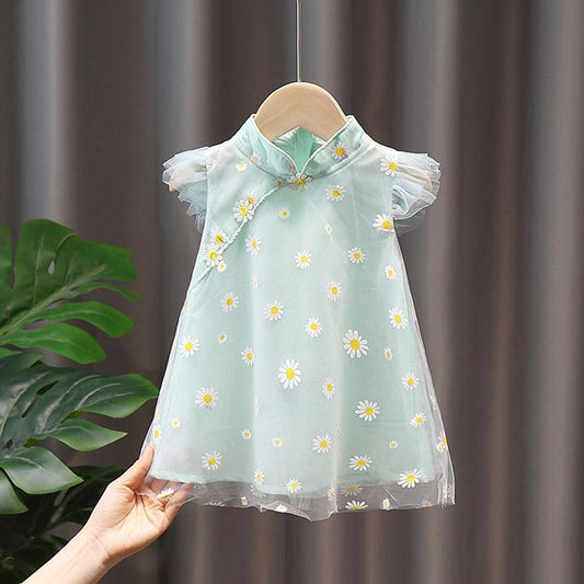 Girls' Skirt Summer Children's Princess Skirt Cheongsam Children's Mesh Ruffle Dress Ethnic Style Daisy Cheongsam Baby Girl Dress