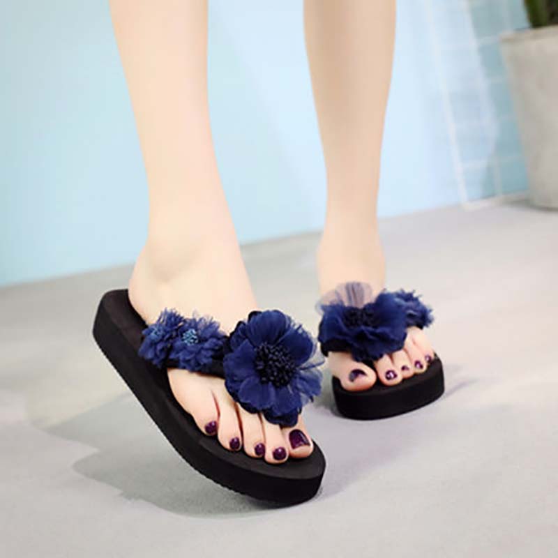 Slippers Women's Summer Fashion, Thick-soled High-heeled Sandals, Women's Seaside Beach Non-slip Flowers, Slope with Flip-flops