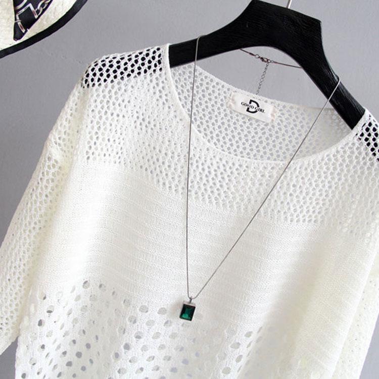 Summer Thin Bottoming Blouse Hollow Top Loose Pullover Knitted Sweater Women's Sunscreen Solid Color Breathable T-shirt