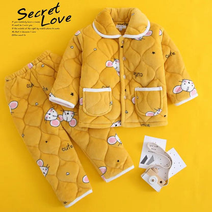 Winter Children's Three-layer Quilted Pajamas Flannel Girls and Boys Coral Fleece Suit Baby Thickened Solid Color Home Service