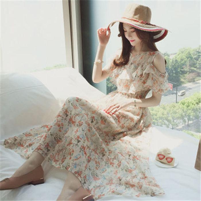 Pofulove Summer Women Ruffled Chiffon Dress Slim Long Strapless Dresses Below The Knee Thin Dress