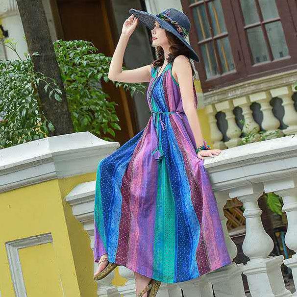 Female Cotton Large Swing Sleeveless Print Dress Elegant Round Neck Big Blue Rainbow Stripe Dress