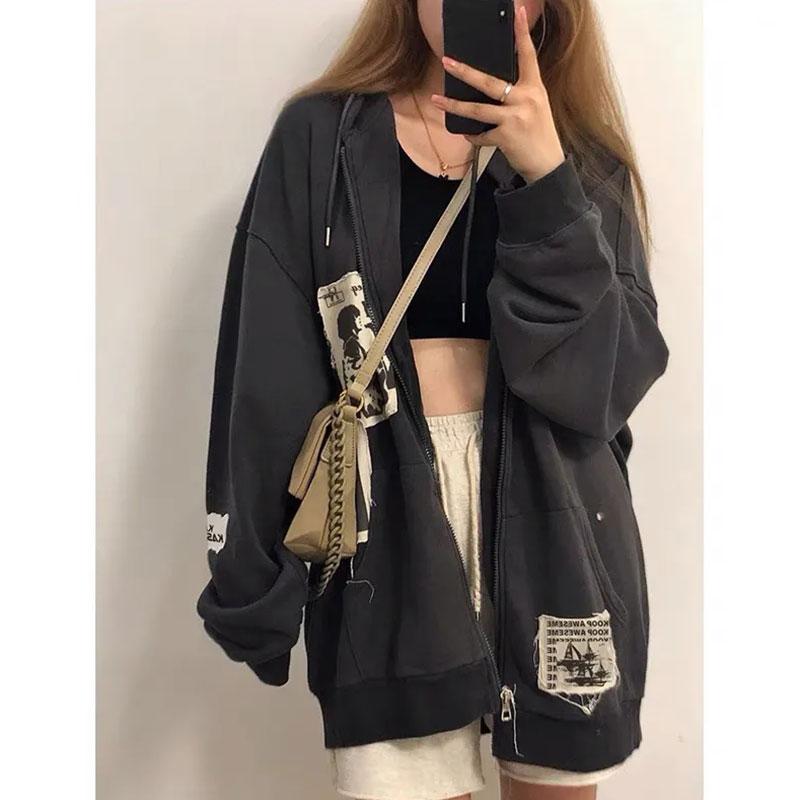 Retro Oversize Jacket Women's Spring and Autumn Loose Lazy Style Cardigan Hooded Couple Sweater Ins Personalized Print Patch Casual Zipper Jacket