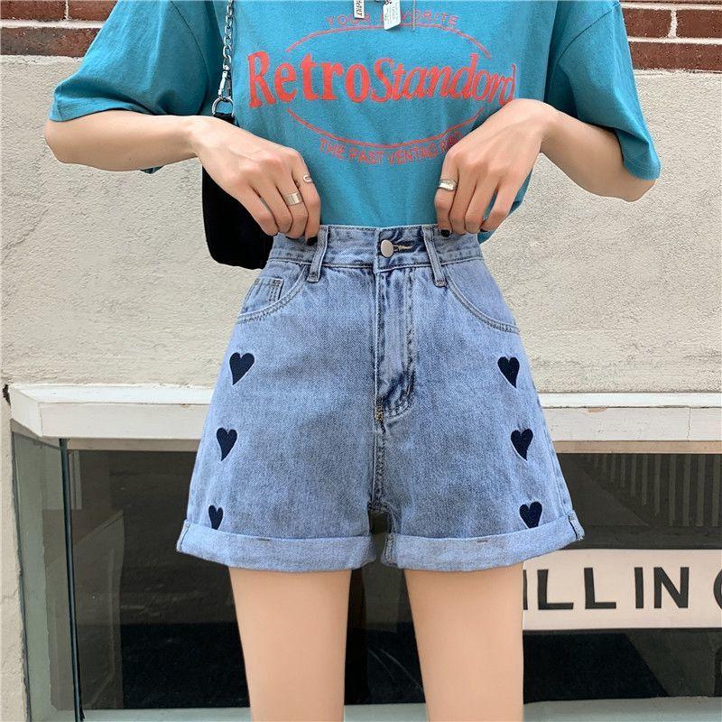 WTEMPO Women Denim Shorts Jeans Heart-shaped Embroidery Washed Denim Summer High Waist Casual Shorts