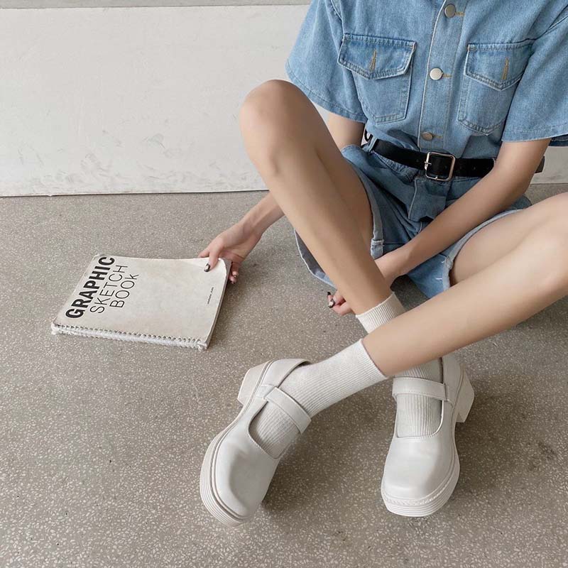 White Square Toe Thick Heel Mary Jane Shoes Female Summer Jk Platform Platform Mid-heel Small Leather Shoes Single Shoes