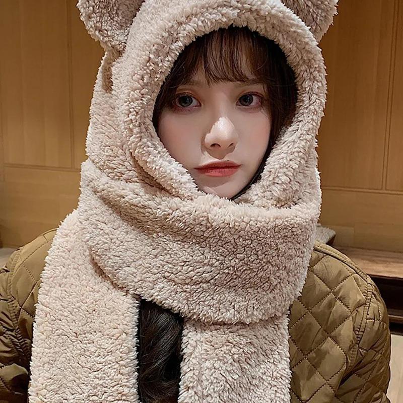 Women's Bear Ears Hat Scarf Gloves Set One-piece All-match Cute Plush Winter Scarf Hooded Cap Riding Windproof Warm Hat Face Ear Protection Hat