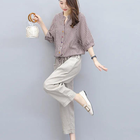 Cotton and Linen Suit Women's Striped Top Trousers Casual Two-piece Suit Pants Striped Shirt Elastic Waist Casual Pants Ladies Loose Casual Suit