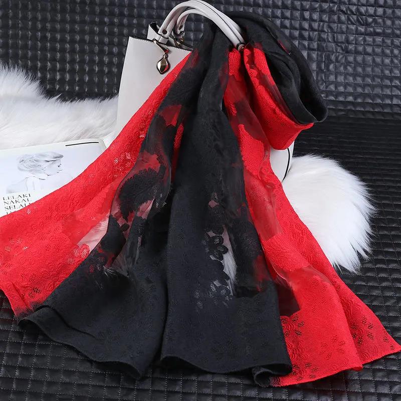 Women's Spring and Summer Two-color Gradient Silk Scarf Hollow Cut Flowers Organza Lace Gauze Scarf Shawl Long 190cm Thin Floral Neckerchief Shawl