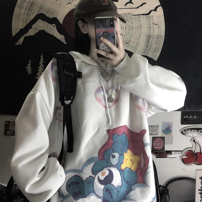 Hooded Sweatshirts Cartoon Printed Oversized Loose Harajuku Hoodies Women Winter Fleece Clothes Streetwear Hip Hop Pullover Tops Plus Size Sportshirts