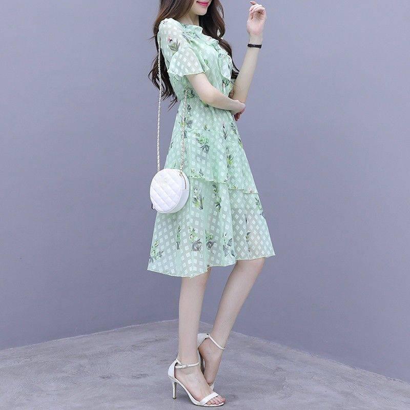 Chiffon Mid-length Dress French Skirt Sweet Knee-length Mid-length Dress A-line Version Waist Slimming Large Skirt Fabric Light and Breathable