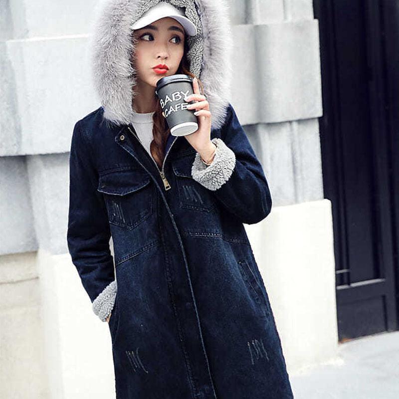 Winter Coat Women's Mid-length Korean Style Loose Thick Plus Cashmere Lamb Wool Cotton Coat Denim Jacket Cotton Jacket