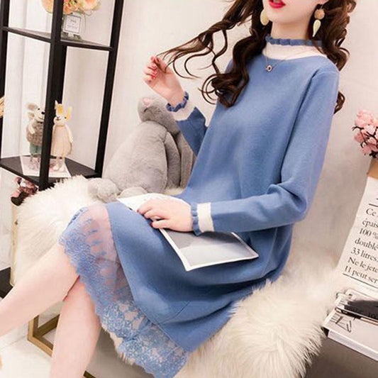 Autumn and Winter Knitted Lace Stitching Sweater Skirt Fashion All-match Hedging Bottoming Shirt Mid-length Female Sweater Dress