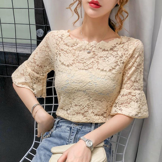 Summer Ladies Temperament Sexy Hollow Crochet Lace Top Fashion Round Neck Short-sleeved T-shirt