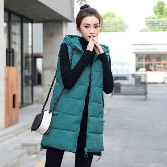 Women's Down Cotton Vest Mid-length Autumn and Winter Loose Vest Sleeveless Plus Size Thick Warm Hooded Jacket Straight Cotton Jacket Mid-length