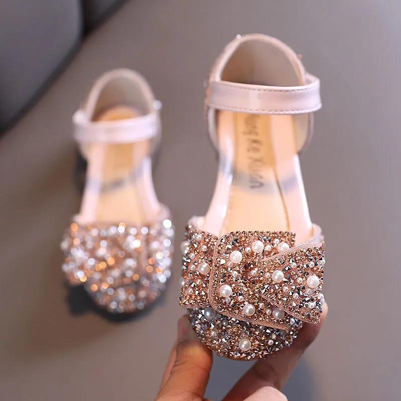 Girls Princess Shoes Non-slip Spring and Autumn Rhinestone Pearl Leather Shoes Children's Shoes Korean Soft Sole Baby Shoes