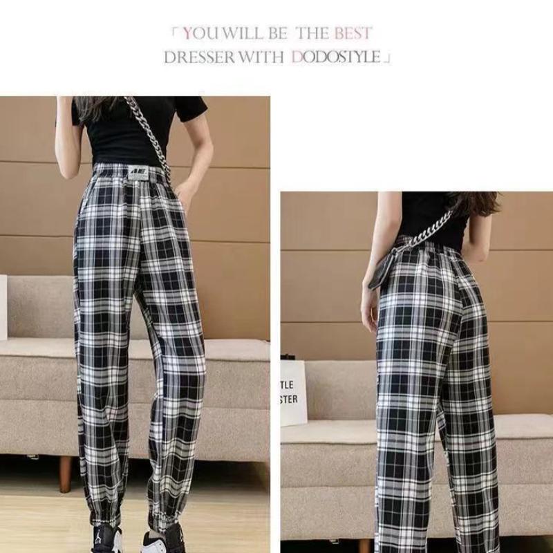 Thin Black and White Plaid Harem Pants Female Summer Korean Version Loose and Thin Student Harem Nine Points Casual Pants