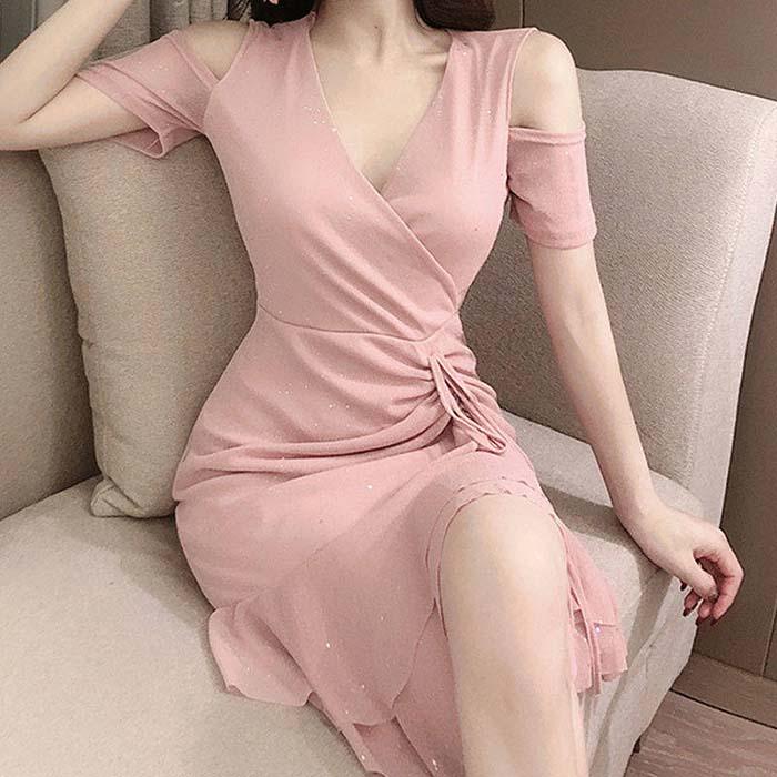 Pofulove Women V-neck Off Shoulder Mermaid A-line Dress Slim Sexy V-neck Mid-length Nightclub Dress