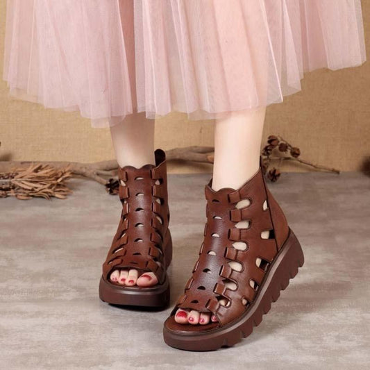 Fish Mouth Sandals Women's Summer Soft Leather Wild Hollow Sponge Cake Casual High-heeled Thick-soled Increased Flat-bottomed Women's Sandals