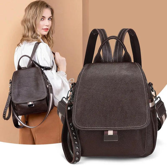 Genuine Leather Cowhide Rivet Removable Shoulder Belt Women's Backpack Soft PU Casual Multilayer Waterproof