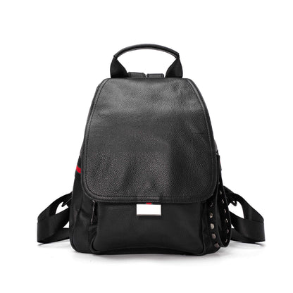 Leather Backpack Women Black Stripe Buckle Waterproof Student Computer Outdoor Sports Travel Bags