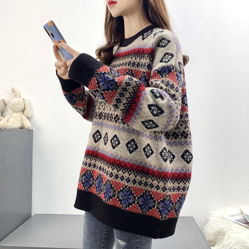 Autumn and Winter Retro Geometric Pattern Sweater Loose Casual Jacquard Top Pure Cute Girl Sweater