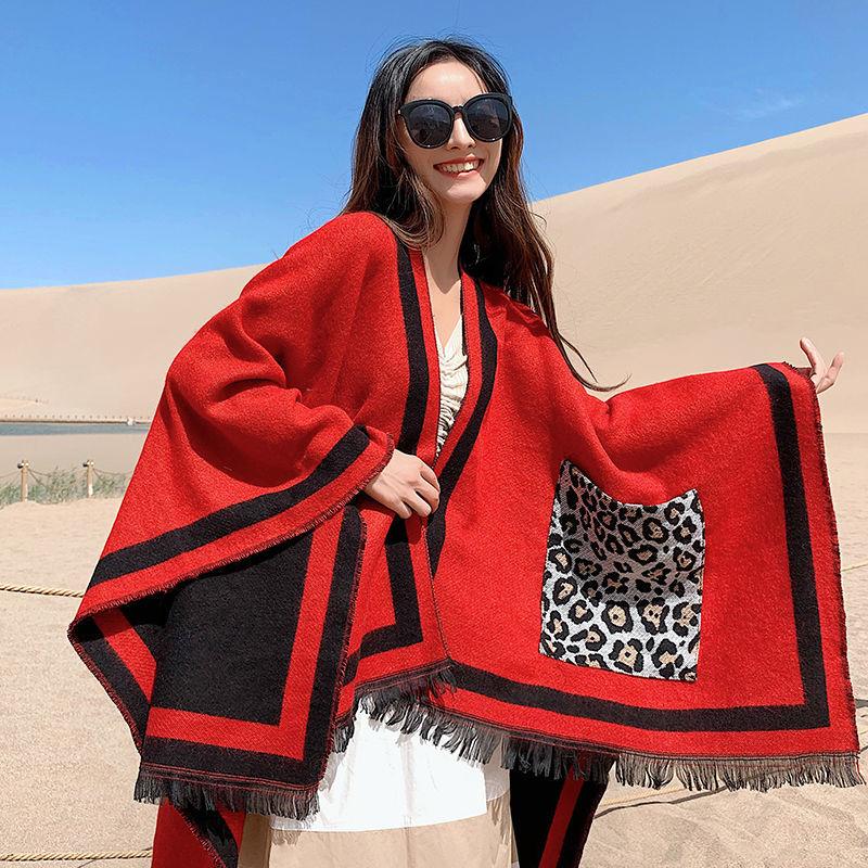 Ethnic Style Shawl Cloak Women Thick Warm Shawl Windproof Buckle Warm Scarf Shawl Dual-use Oversized Wrap