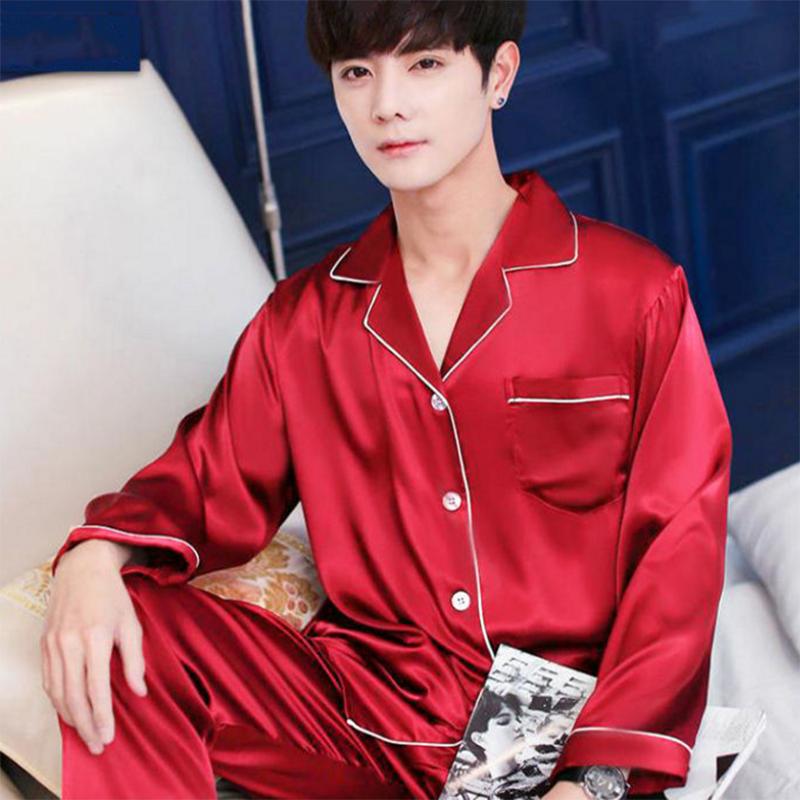 Spring and Autumn Long-sleeved Ice Silk Men's Pajamas Thin Style Korean Home Service Two-piece Suit Plus Size