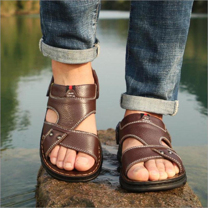 Spring Summer Men's Sandals Soft Leather Sandals Leather Beach Shoes Casual Men's Shoes Thick-soled Slippers