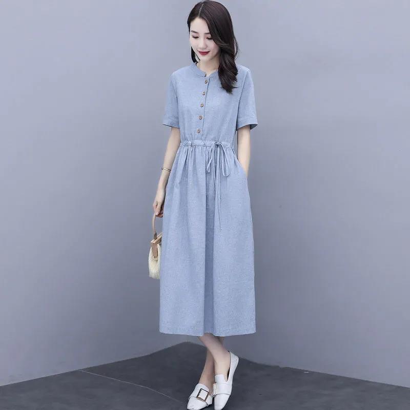 Women's Large-size Cotton and Linen Dresses Thin Loose Linen Wild Drawstring Waist and Belly Thin Skirt Women's Loose Dress