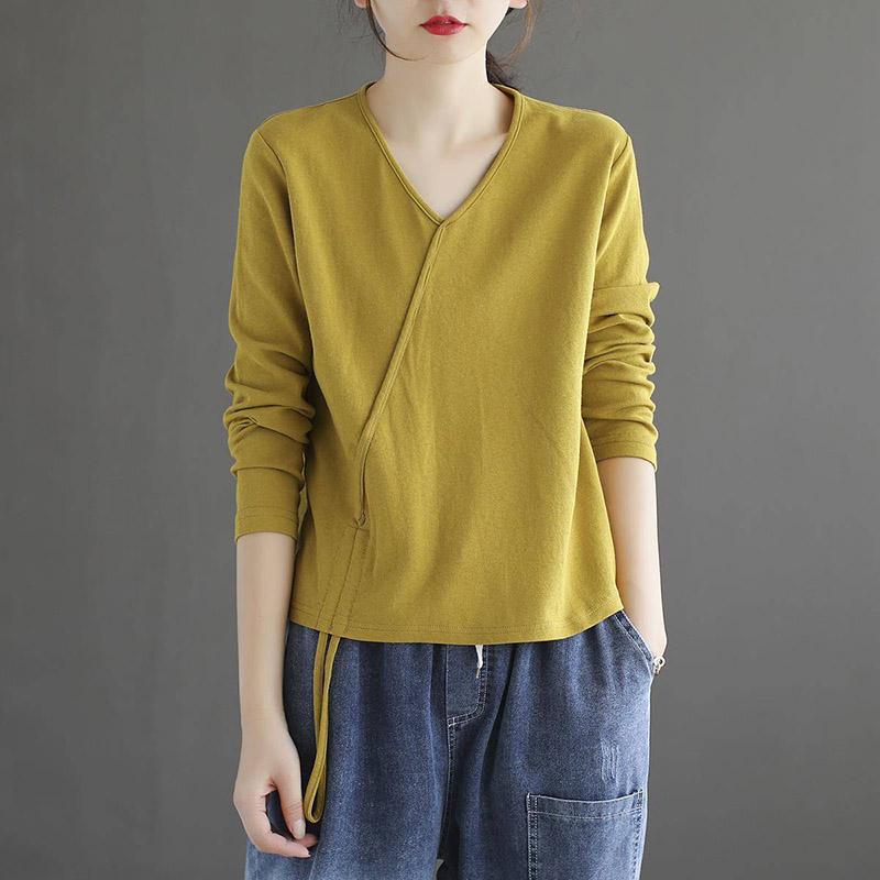 Cotton Solid Color V-Neck T-Shirt Ladies Spring Summer Hem Drawstring Loose Casual Long Sleeve Vintage Top