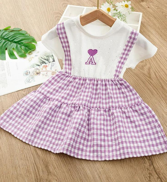 Girls Dress Short-sleeved Stitching Plaid Skirt Children's Highlights Fake Two-piece Princess Dress