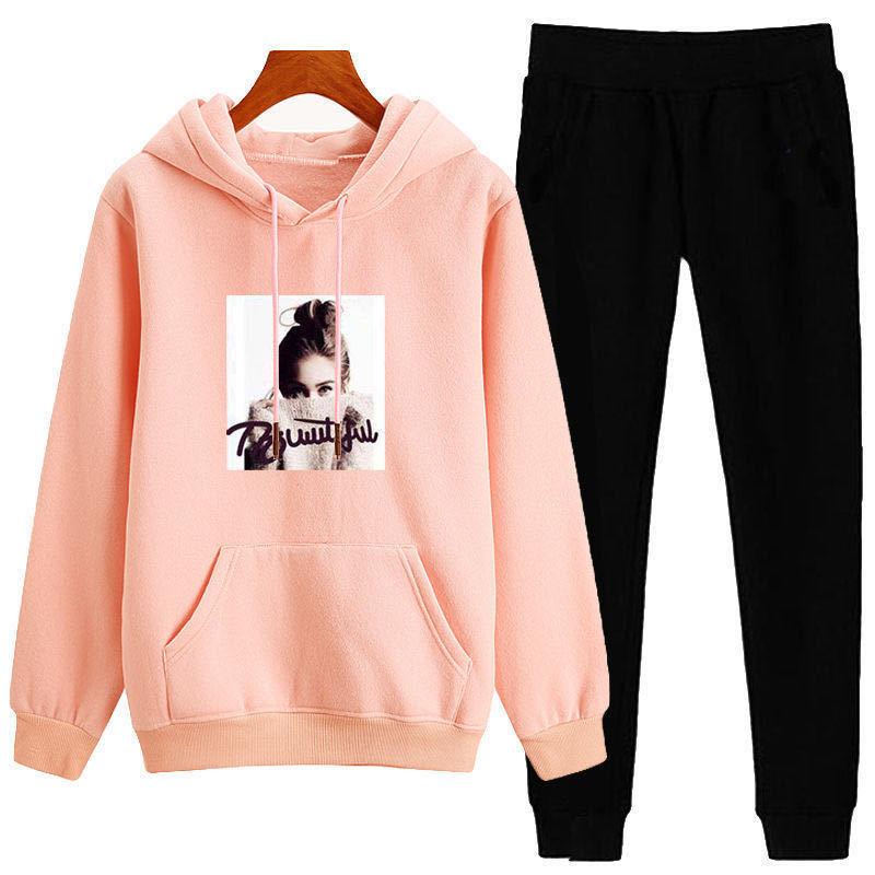 Women Spring Autumn Long Sleeve Print Slim Hooded Sweater Sportswear Loose Casual Pants Two Piece Set