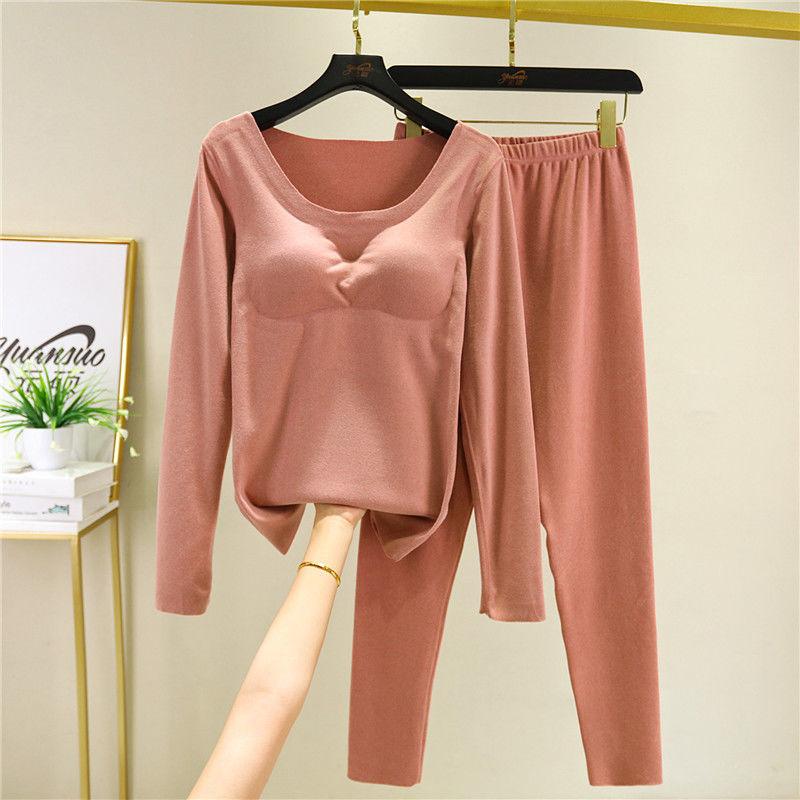 All-in-one Thermal Underwear Set with Chest Pad Two-piece Female Autumn Winter Plus Velvet Self-heating Bottoming Shirt