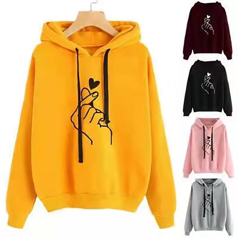 Fashionable Kpop Casual Finger Heart Love Pattern Hooded Women Hoodies Sweatshirts Drawstring Long Sleeve Female Pullovers Hoodie Women Coat