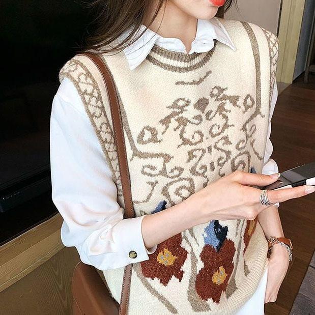 Women's Spring and Autumn Sweater Vests Large Size Jacquard Knitted Vests All-match Sleeveless Sweaters