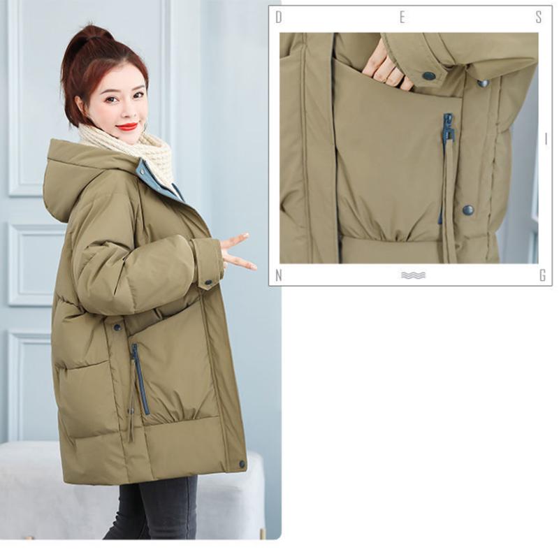 Women's Mid-length Down Jacket Winter Korean Loose Cotton Clothes Casual Hooded Padded Jacket