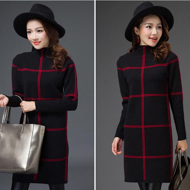 Autumn Winter Plaid Turtleneck Sweater Women Long Thick Pullover Sweater Dress All-match Bottoming Shirt Jumper Top