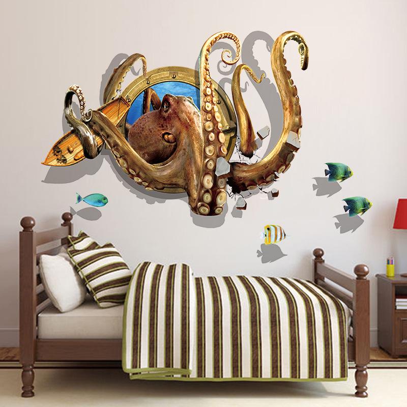 Deep sea octopus 3D stereo wall stickers bedroom living room study background decoration