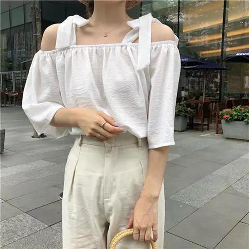 Striped Shirt Women's Lace-up Short-sleeved Shirt Loose One-shoulder Top Chiffon Loose Sweet and Elegant Ladies Off-shoulder Shirt