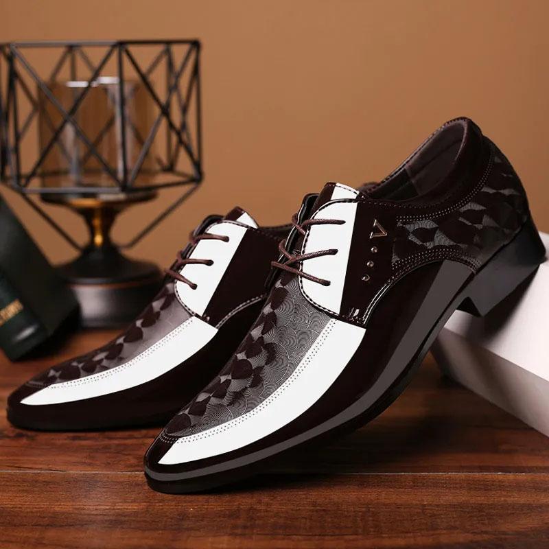 Men's Leather Shoes Business Casual Glossy Lacing Dress Leather Shoes Men's Moccasin Shoes Youth Formal Footwear Black Pointed Toe Wedding Shoes