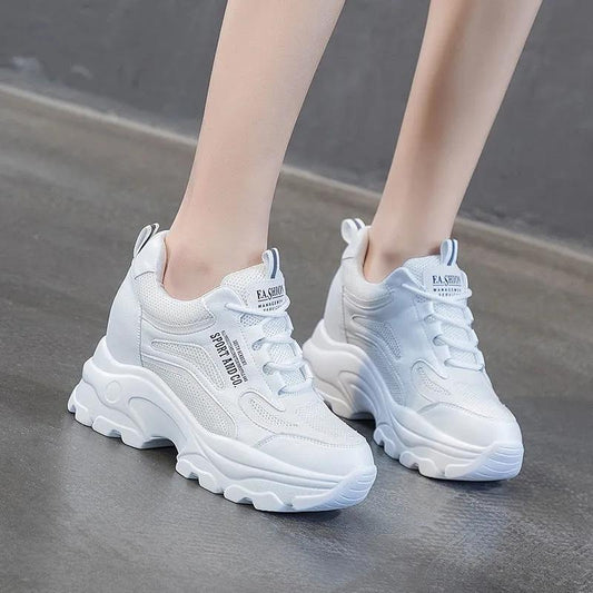 Women's 7cm Height Increase Shoes White Shoes Casual Shoes Mesh Breathable Sneakers Light Color High Heels Sports Casual Shoes