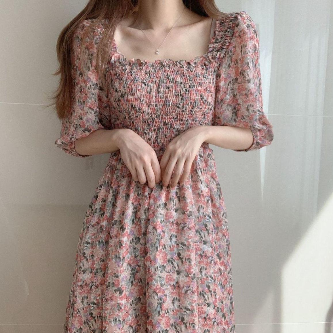 Female Vintage High Waist Super Fairy Holiday Dress Elegant Slim Chiffon Floral Print Pleated Dress