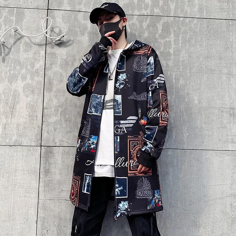 Retro Print Windbreaker Spring Hooded Top Men Casual Loose Coat Soft Comfortable Jacket Long